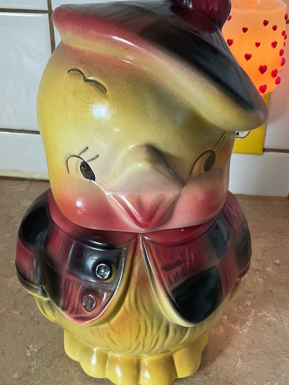 Bisque Yellow Chick Cookie Jar | Plaid Beret & Jacket | Mid-Century Collectible